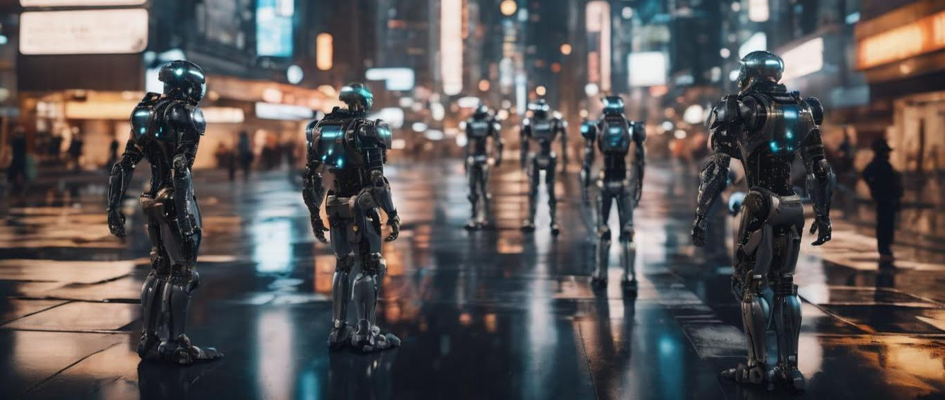 Película de ciudad futurista con robots por las calles