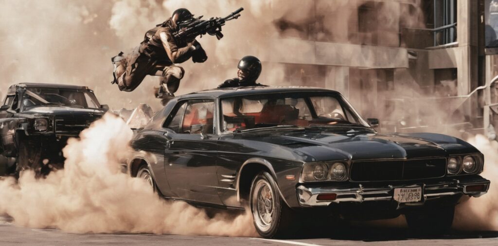 Escena de una película de acción donde dos coches aceleran entre una nube de polvo y un militar armado salta del uno al otro