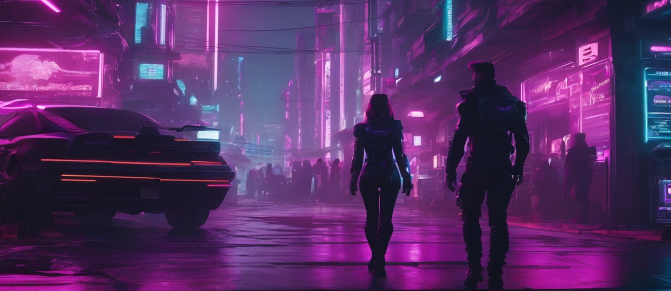 Escena de una película futurista con personas y un coche en la calle